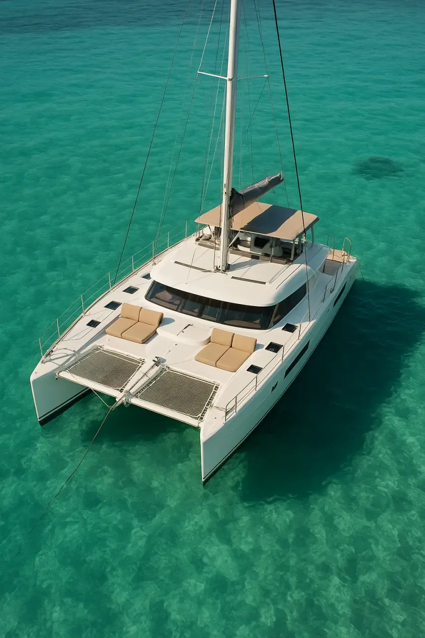 Catamaran anchored in turquoise water on the French Riviera