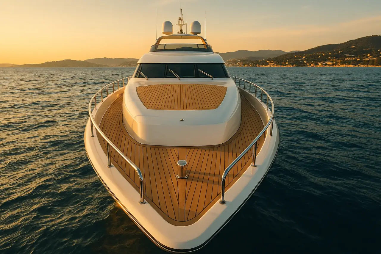 Luxury yacht at golden hour off Cannes, French Riviera