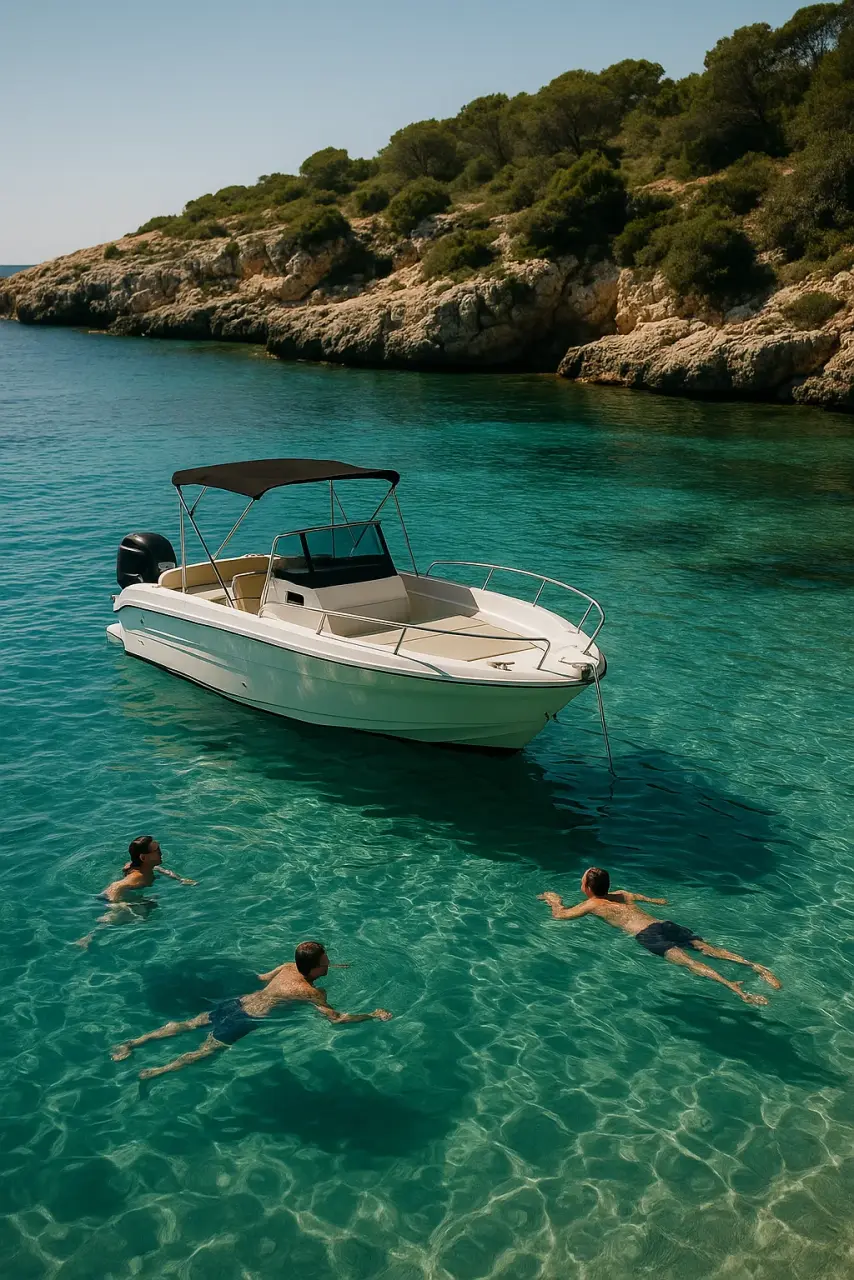 Day-boat anchored in a cove near Cannes